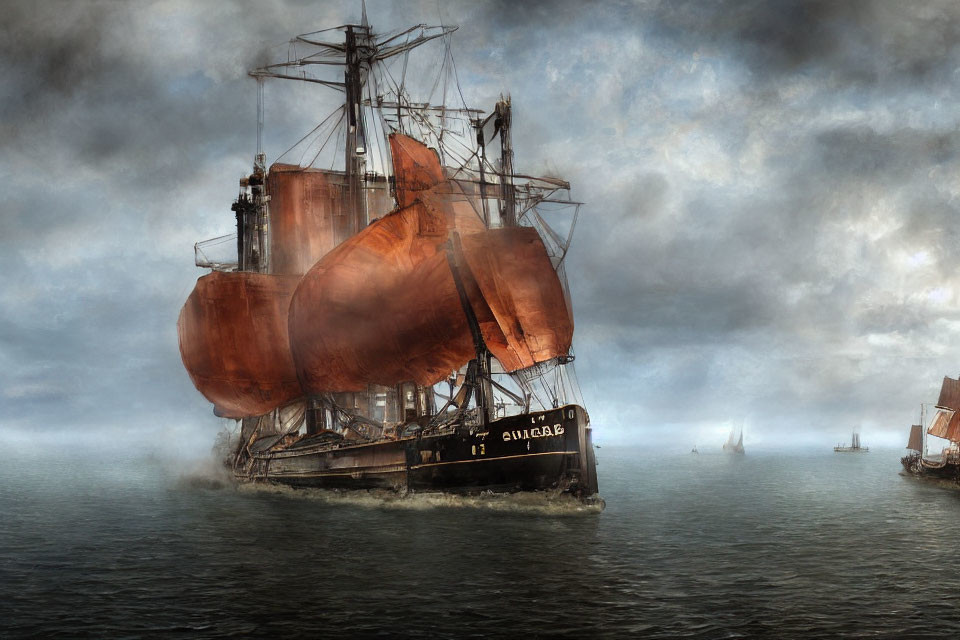 Majestic sailing ship with rust-colored sails in misty seascape