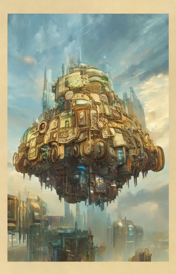 Futuristic and ancient architecture in floating city above clouds
