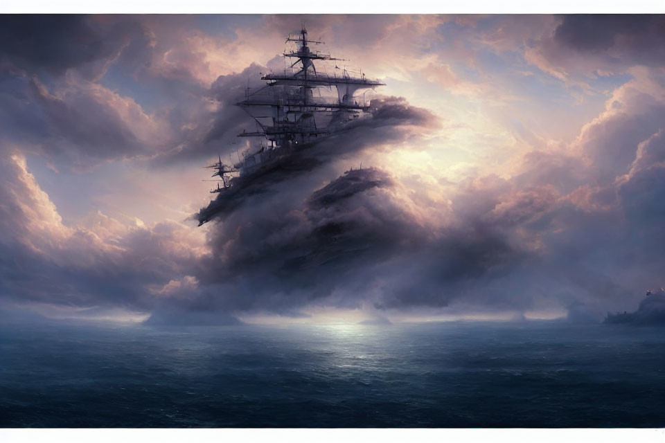 Sailing ship in turbulent seas under dramatic sky