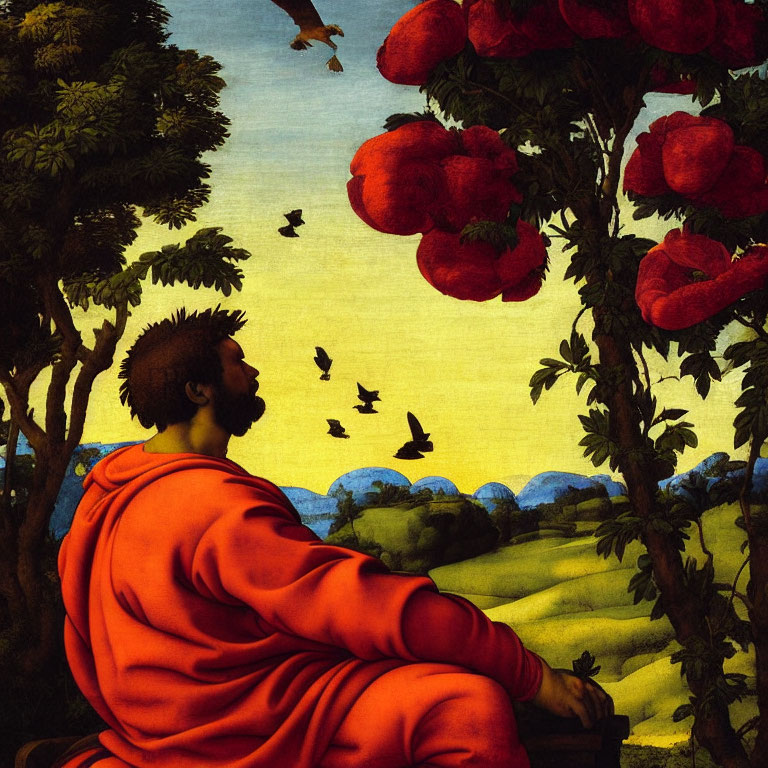 Contemplative man in orange robes near tree with red fruits, birds flying in serene landscape