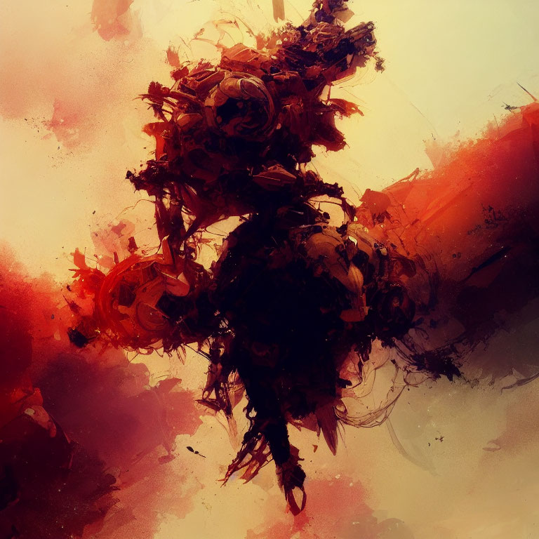 Abstract art with warm tones and central dark bouquet figure.