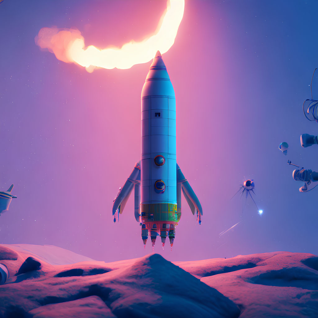 Stylized rocket launching from alien landscape with ringed planets and moons