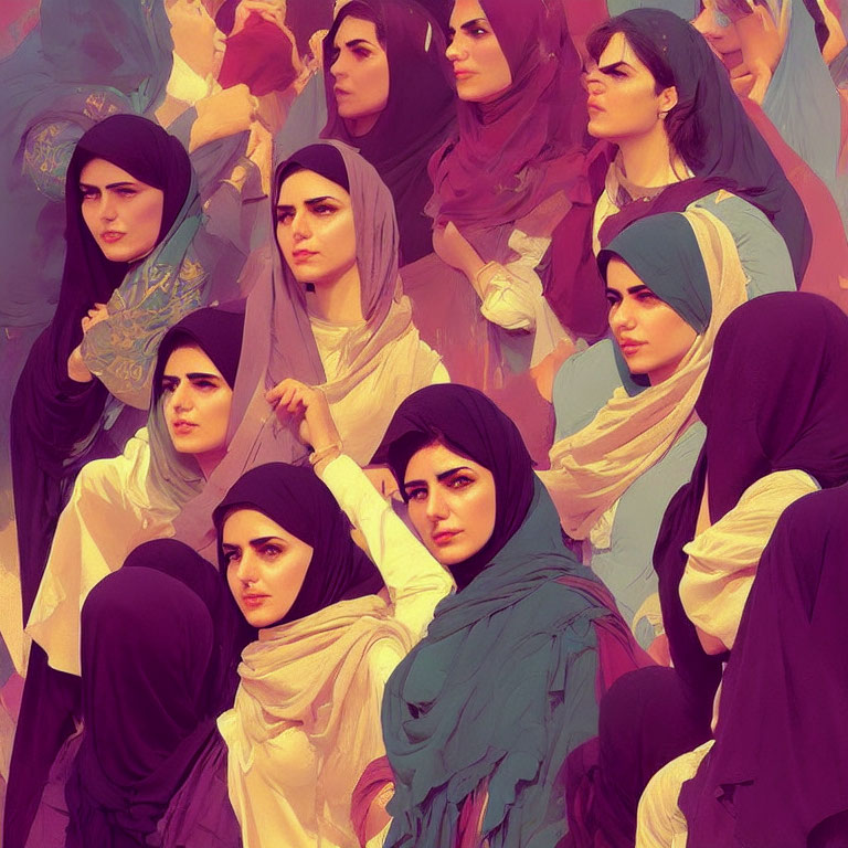Illustrated Women in Colorful Hijabs Express Cultural Diversity