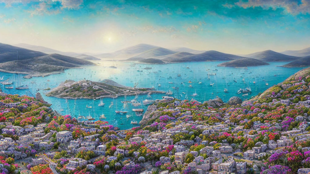Vibrant Coastal Landscape with Flowers, Boats, and Sunset Sky