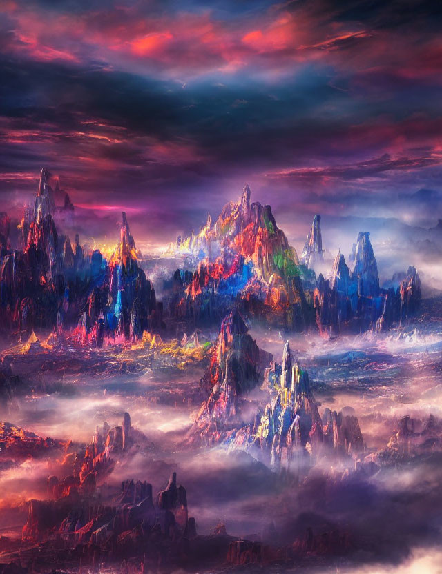 Colorful illuminated mountains under dramatic cloudy sky in vibrant fantasy landscape
