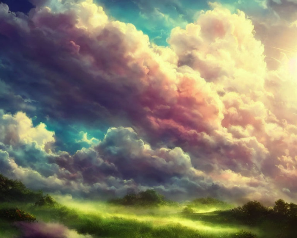 Dramatic sky over misty meadow in vibrant landscape