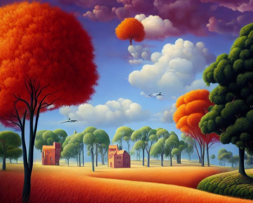 Colorful autumn landscape with red-orange foliage, trees, house, and birds under surreal sky