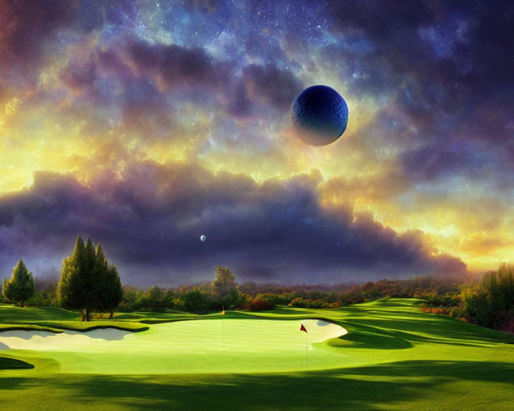 Surreal golf course with oversized ball under cosmic sky