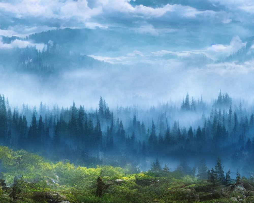 Serene misty evergreen forest under cloud-covered sky