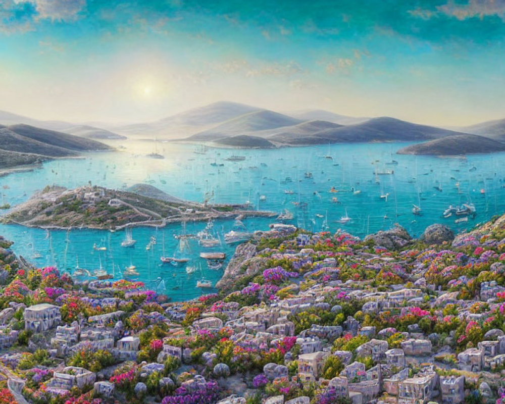 Vibrant Coastal Landscape with Flowers, Boats, and Sunset Sky
