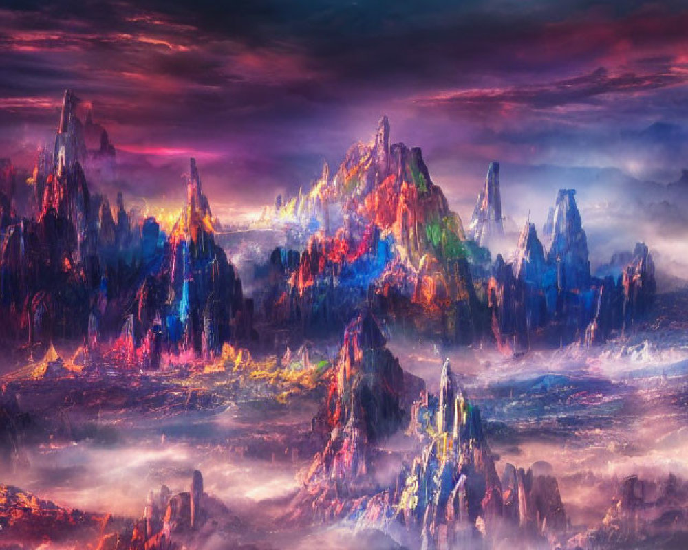 Colorful illuminated mountains under dramatic cloudy sky in vibrant fantasy landscape