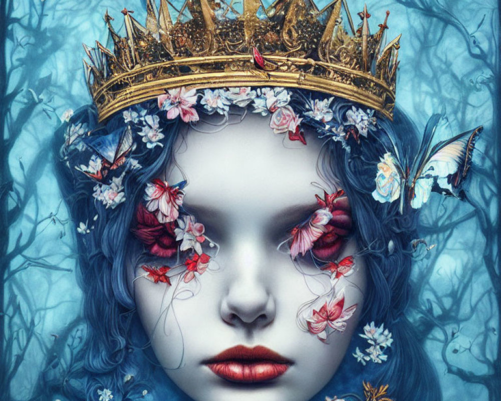Surreal portrait of face with blue hair, flowers, butterflies, and golden crown