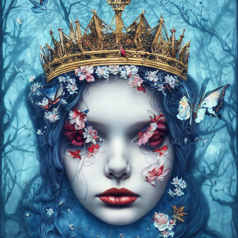 Surreal portrait of face with blue hair, flowers, butterflies, and golden crown
