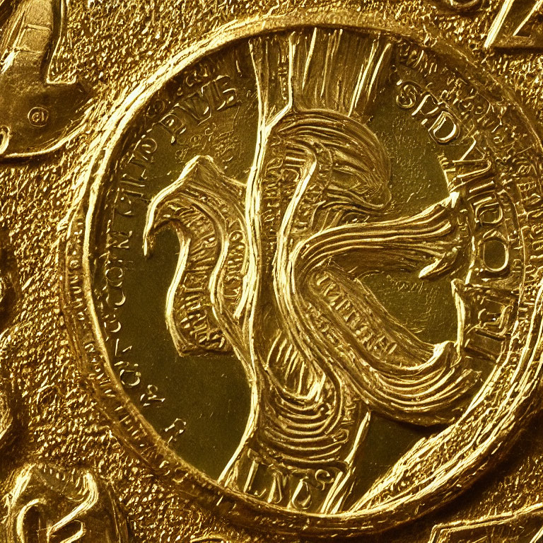 Detailed golden coin with embossed designs and central symbol featuring wavy lines