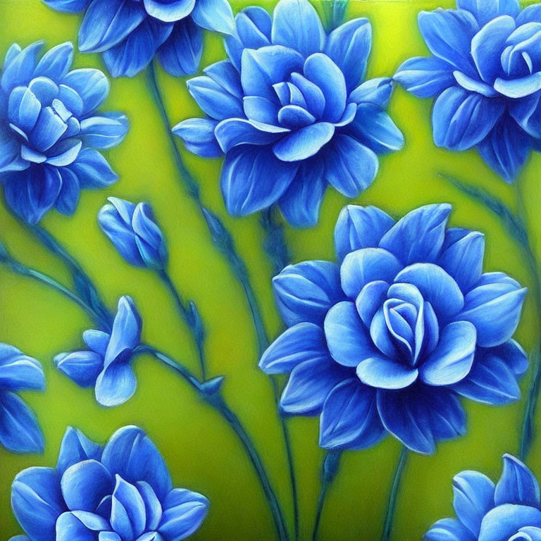 Vibrant blue flowers with layered petals on yellow-green background