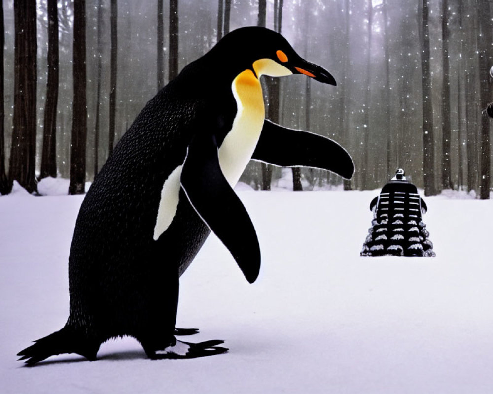 Penguin with Two Dalek Robots in Snowy Forest
