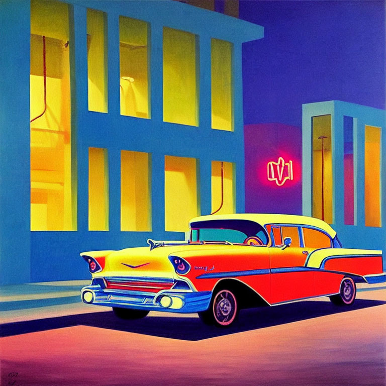 Colorful 1950s car painting with neon sign and stylized buildings
