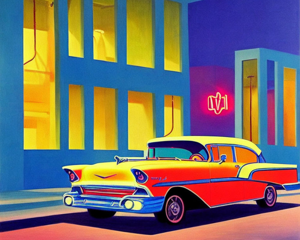 Colorful 1950s car painting with neon sign and stylized buildings