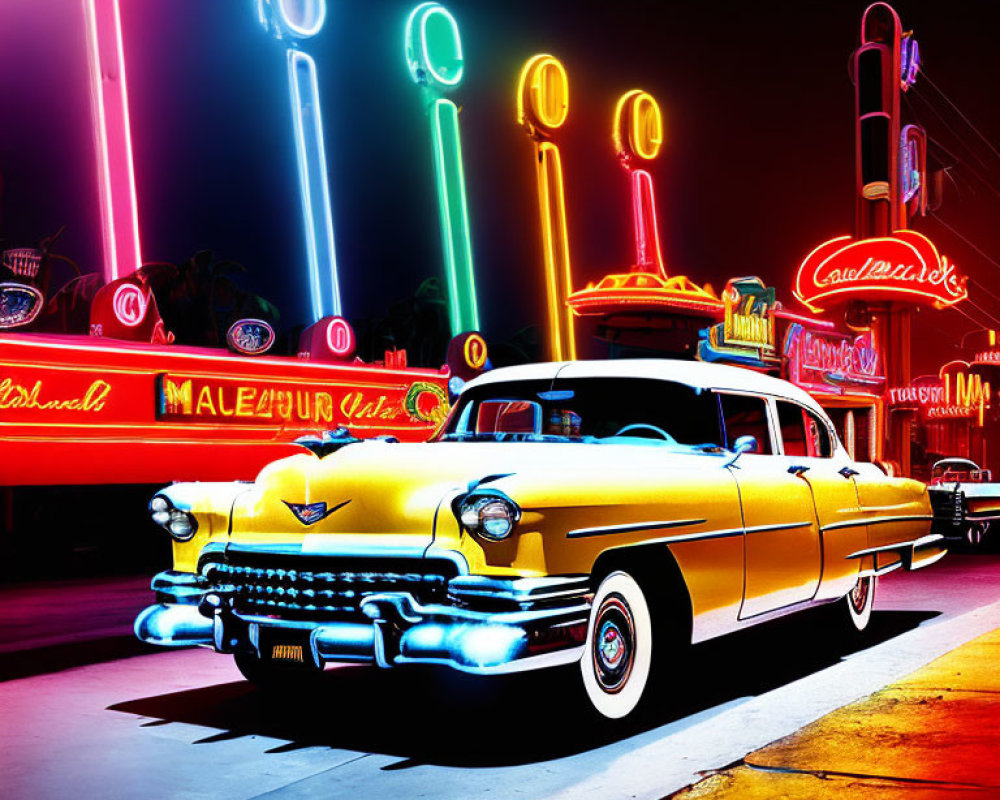 Vintage Yellow Car Parked on Neon-Lit Street with Colorful Retro Signs