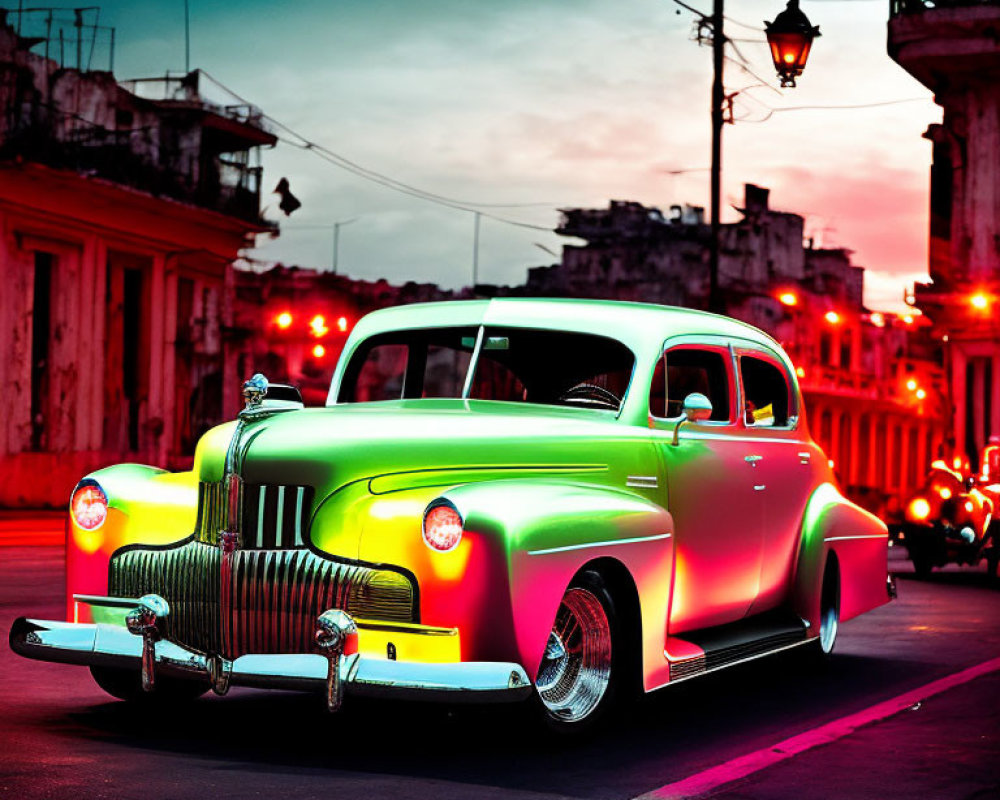 Classic Car with Green Neon Underglow Parked on Urban Street at Dusk