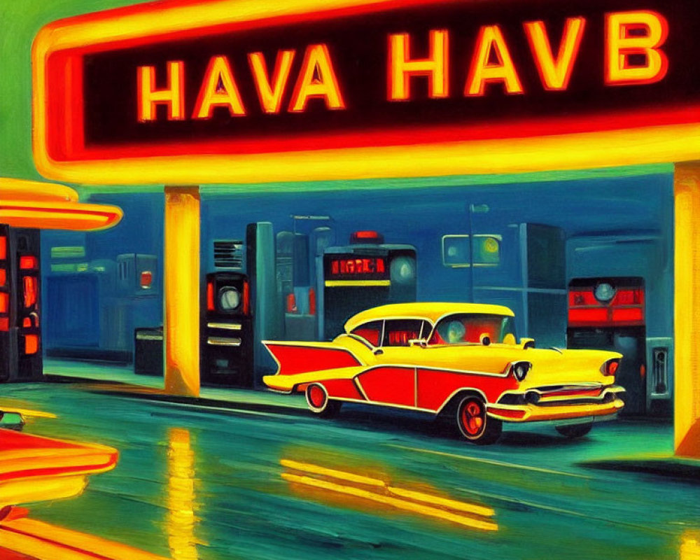 Vibrant painting of classic car at retro gas station with neon sign