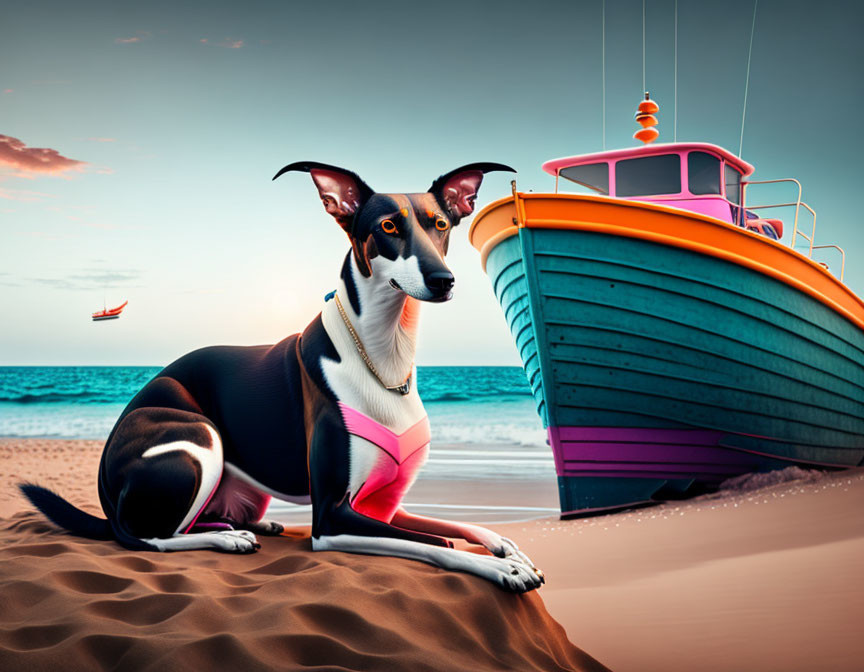 Illustration of large dog on beach with colorful boat