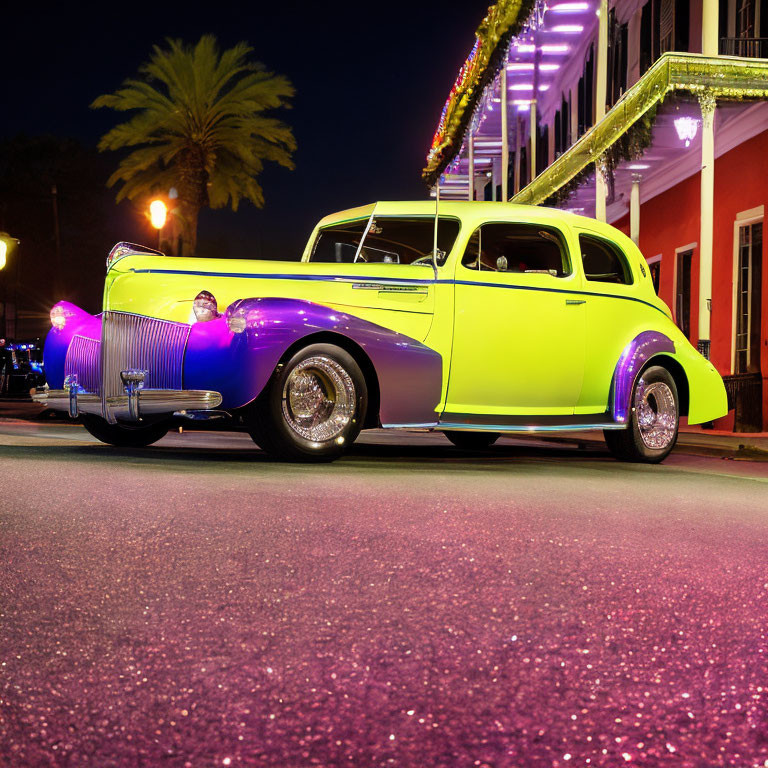 Vibrant Yellow Classic Car with Purple Highlights at Night