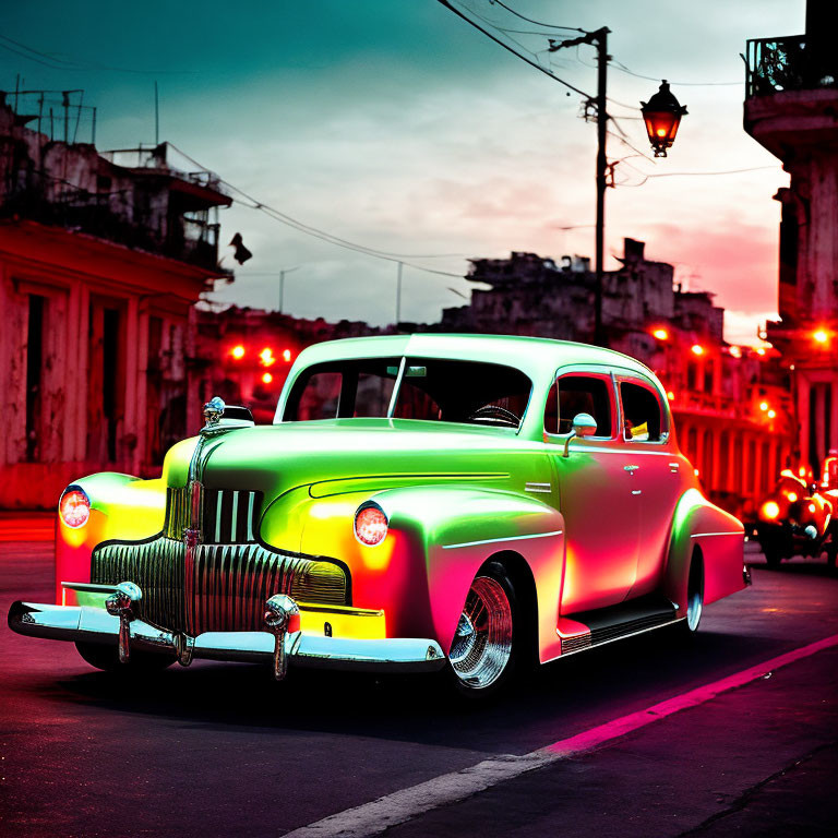 Classic Car with Green Neon Underglow Parked on Urban Street at Dusk