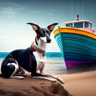 Illustration of large dog on beach with colorful boat