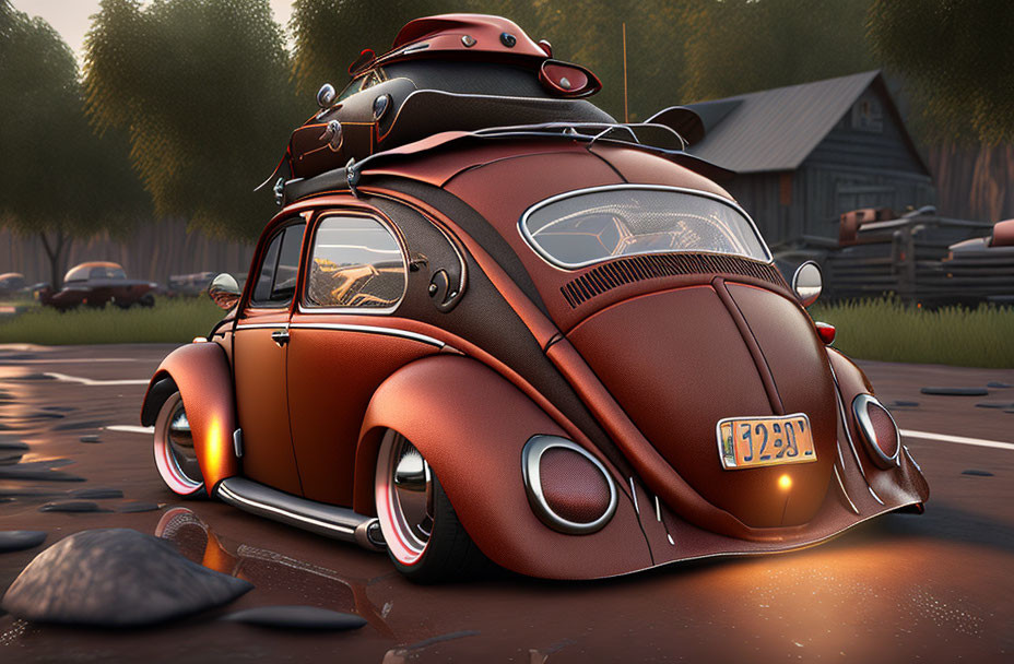 Customized Vintage Volkswagen Beetle with Flame Decals and Luggage, Parked on Wet Road at D