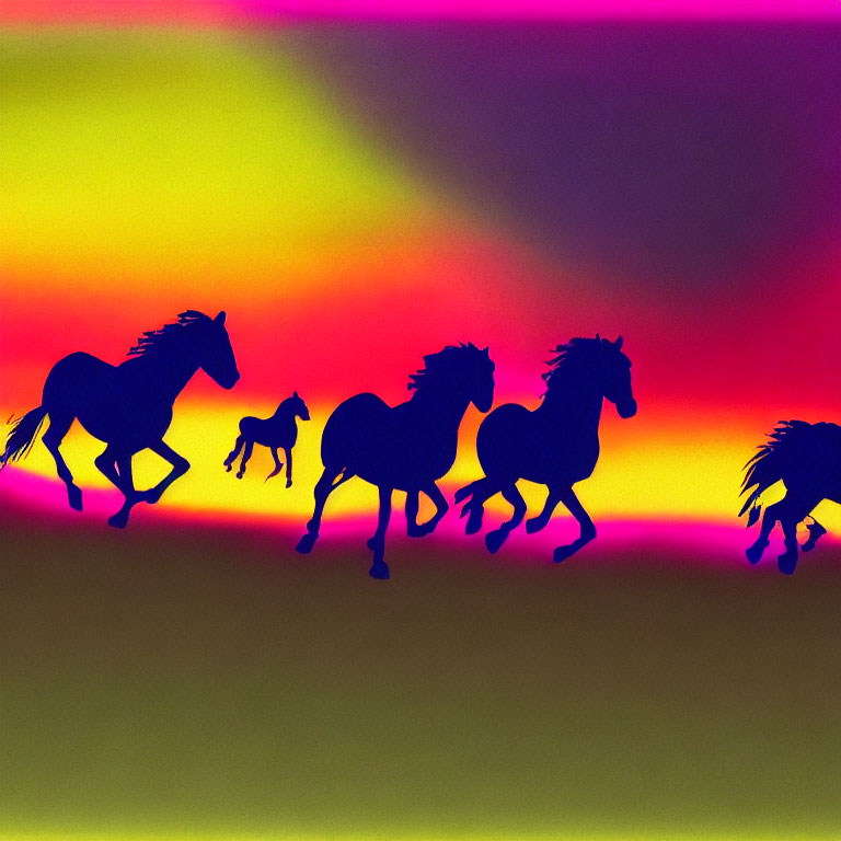Silhouetted horses on vibrant gradient backdrop in yellow, purple, and red hues