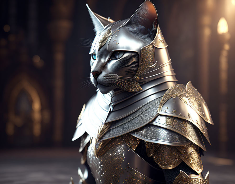 Digital Artwork: Cat in Medieval Knight Armor in Grand Hall