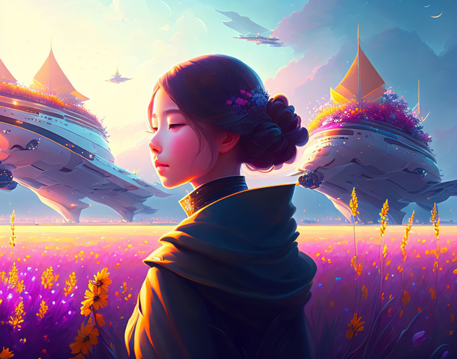 Fantasy landscape with woman, purple flowers, floating cities, sunset.