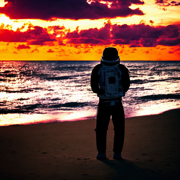 Astronaut in costume on beach at vibrant ocean sunset