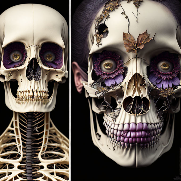 Split image: human skull with spine on left, human face with skull parts and purple flowers on right