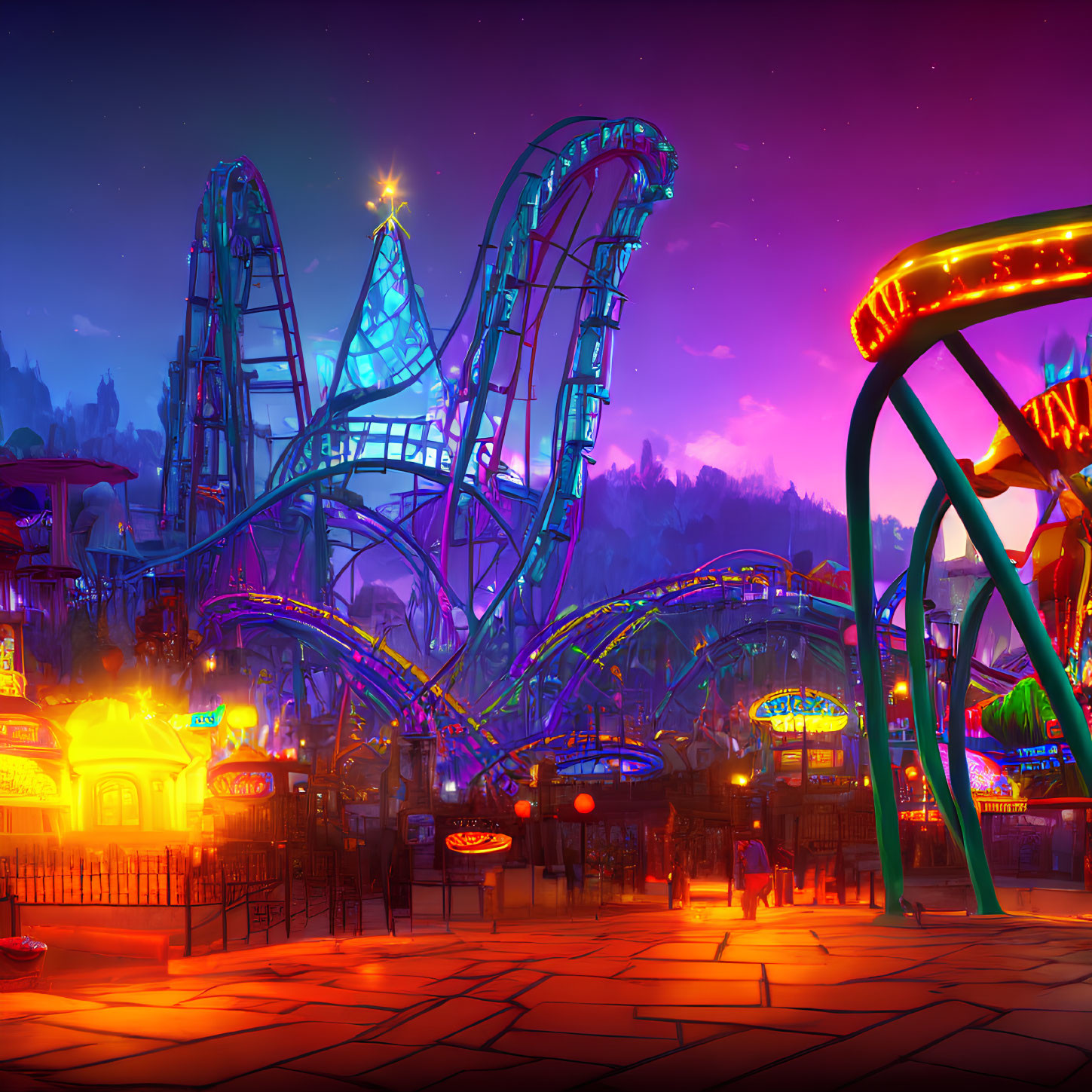 Colorful roller coasters in twilight amusement park illustration
