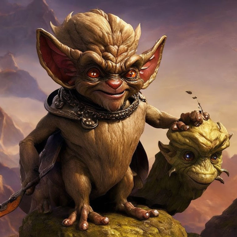 Small mischievous creature with large ears and sharp teeth on rock with smaller creature.
