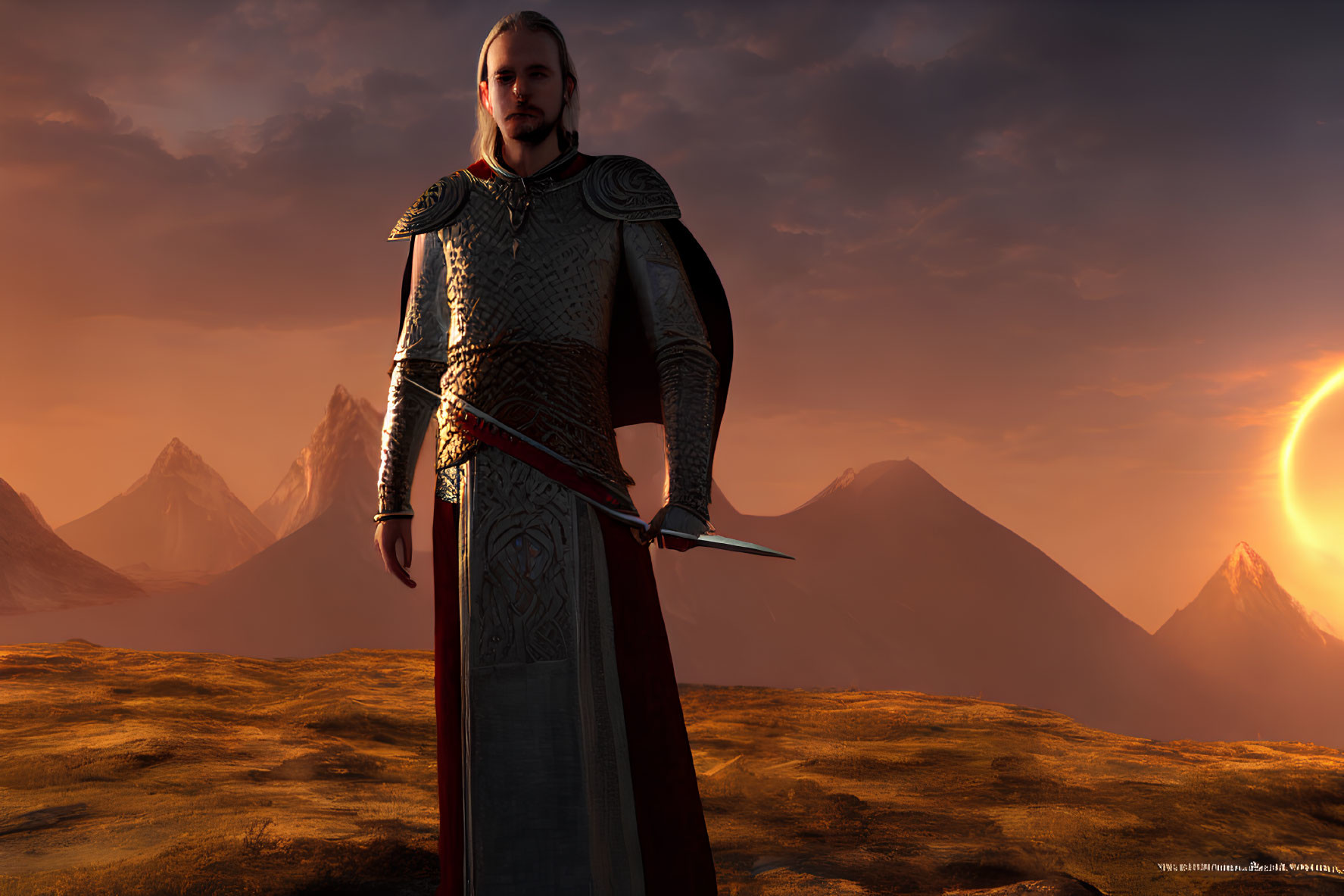 Medieval knight in armor with sword in mountain landscape at sunset