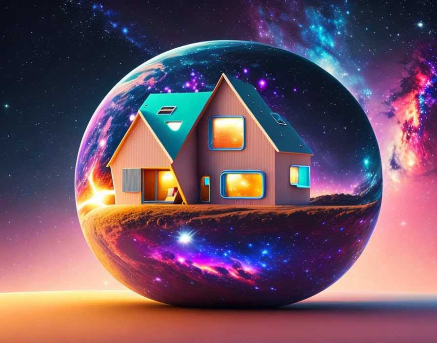 Surreal house on small planet in cosmic scene