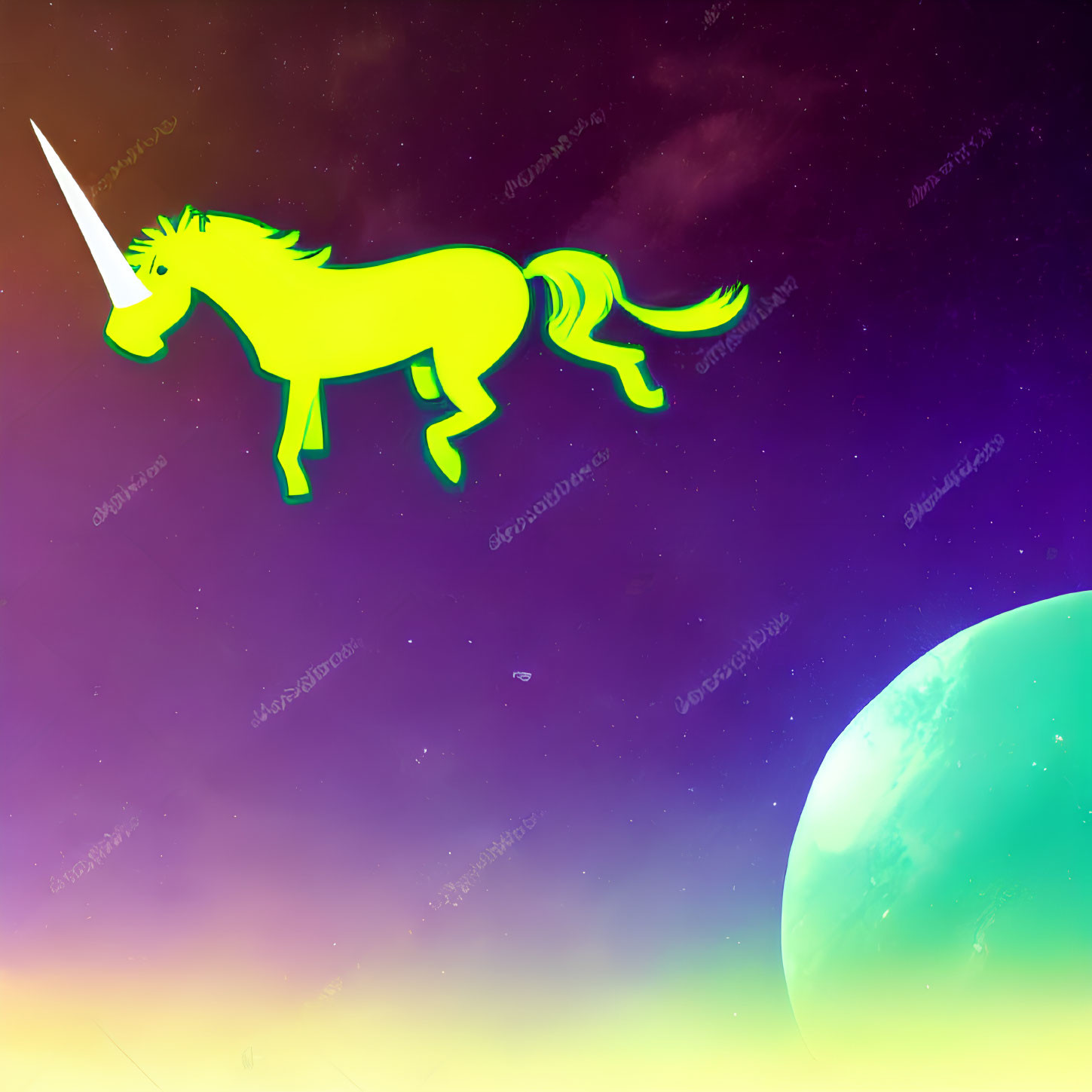 Silhouette of unicorn on cosmic background with stars and planet