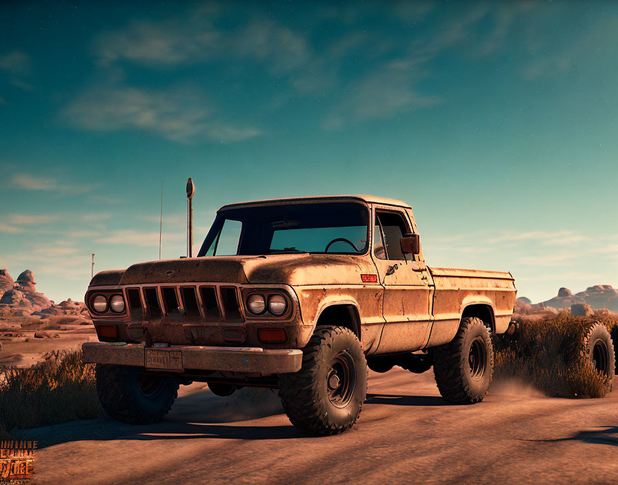 Rusty pickup truck on desert road with rocky terrain