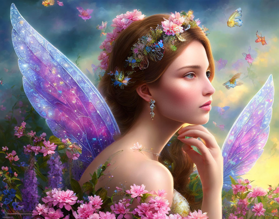 Digital Artwork: Pensive Female Fairy with Galaxy Wings, Flowers, and Butterflies