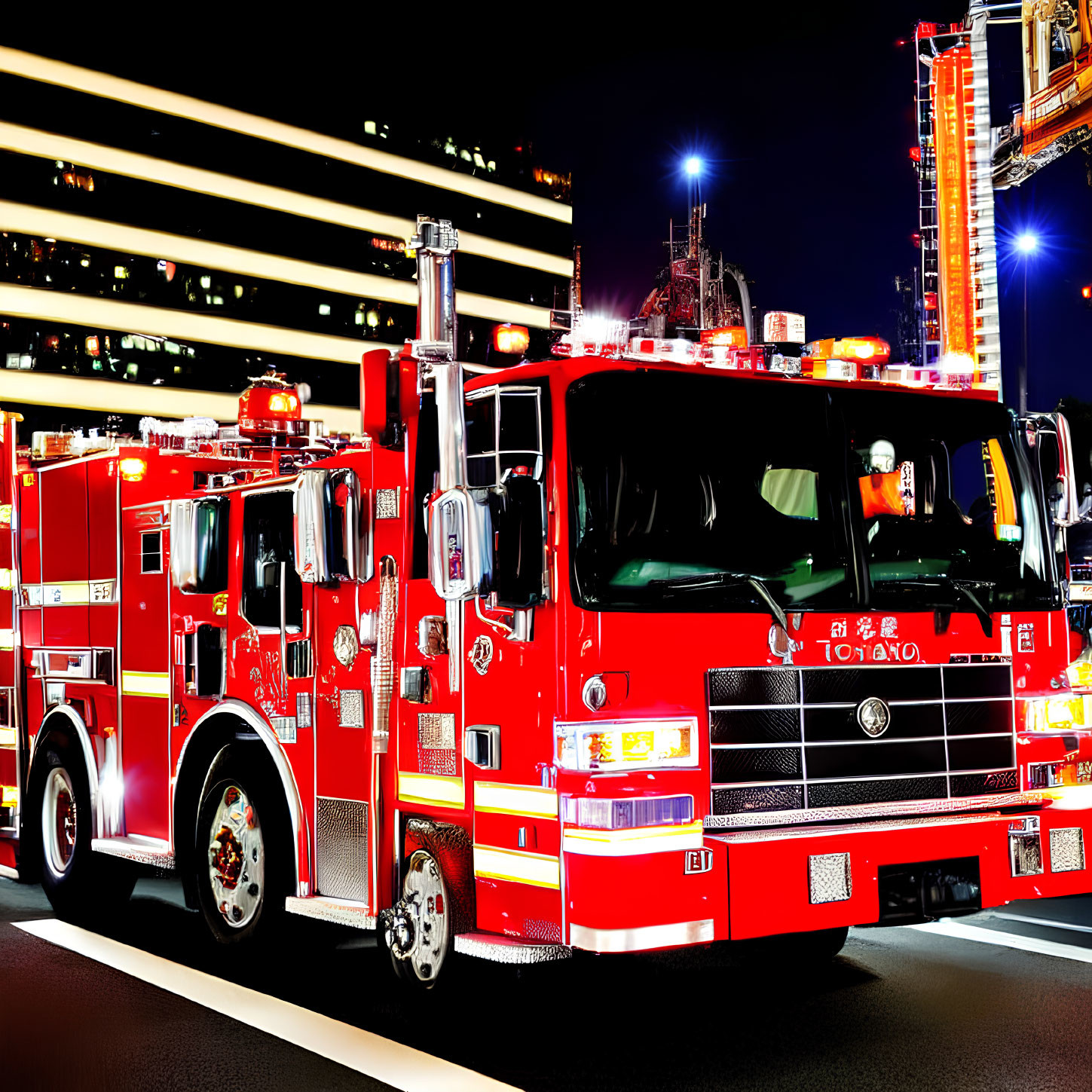 Red Fire Truck Parked at Night with Lights On, Reflective Surfaces, and Illuminated Buildings
