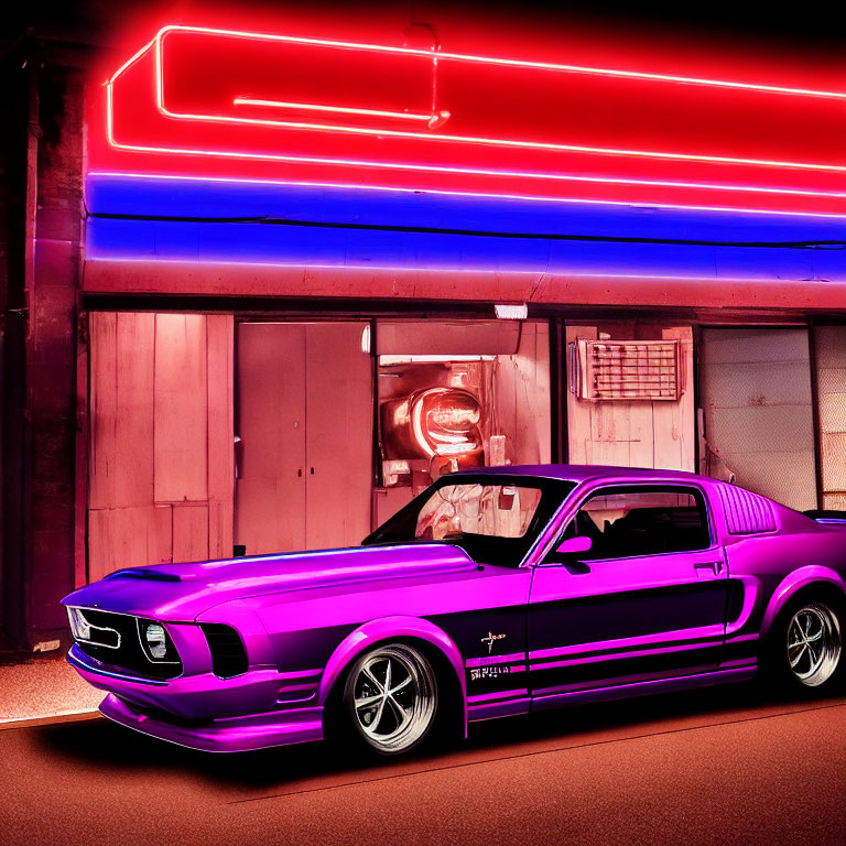 Purple Vintage Mustang Parked Under Neon Lights in Urban Night Scene