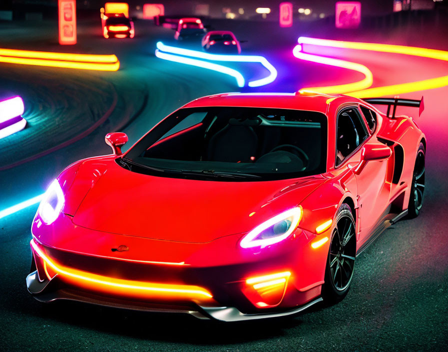 Red sports car on neon-lit night street with blurred vehicle lights