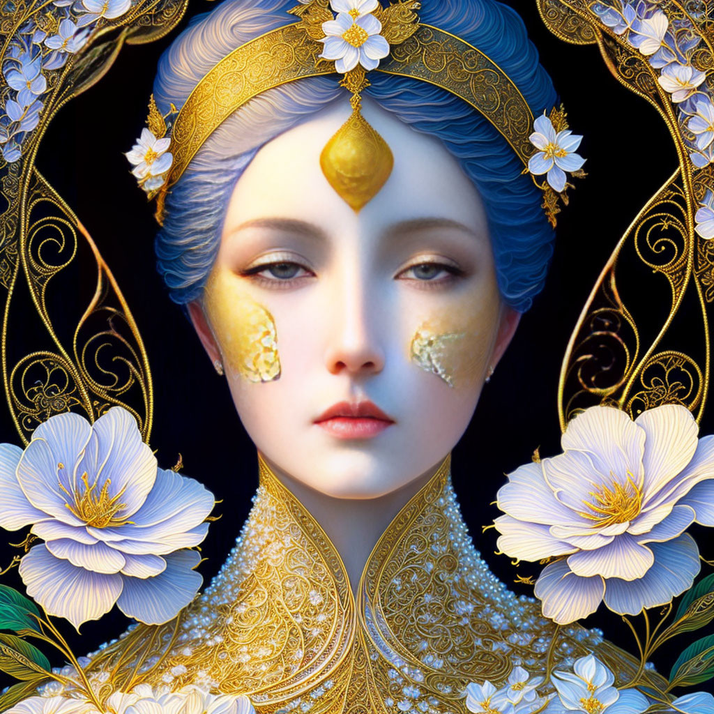 Digital Artwork: Woman with Blue Hair and Golden Headdress in Floral Frame
