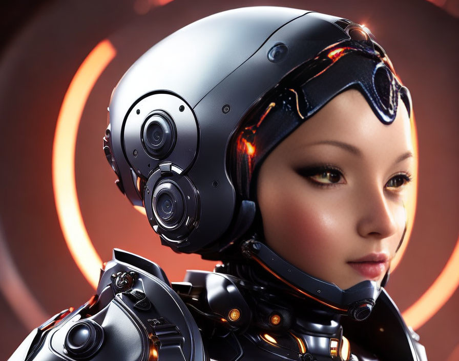 Realistic Female Android with Black Helmet and Glowing Orange Accents
