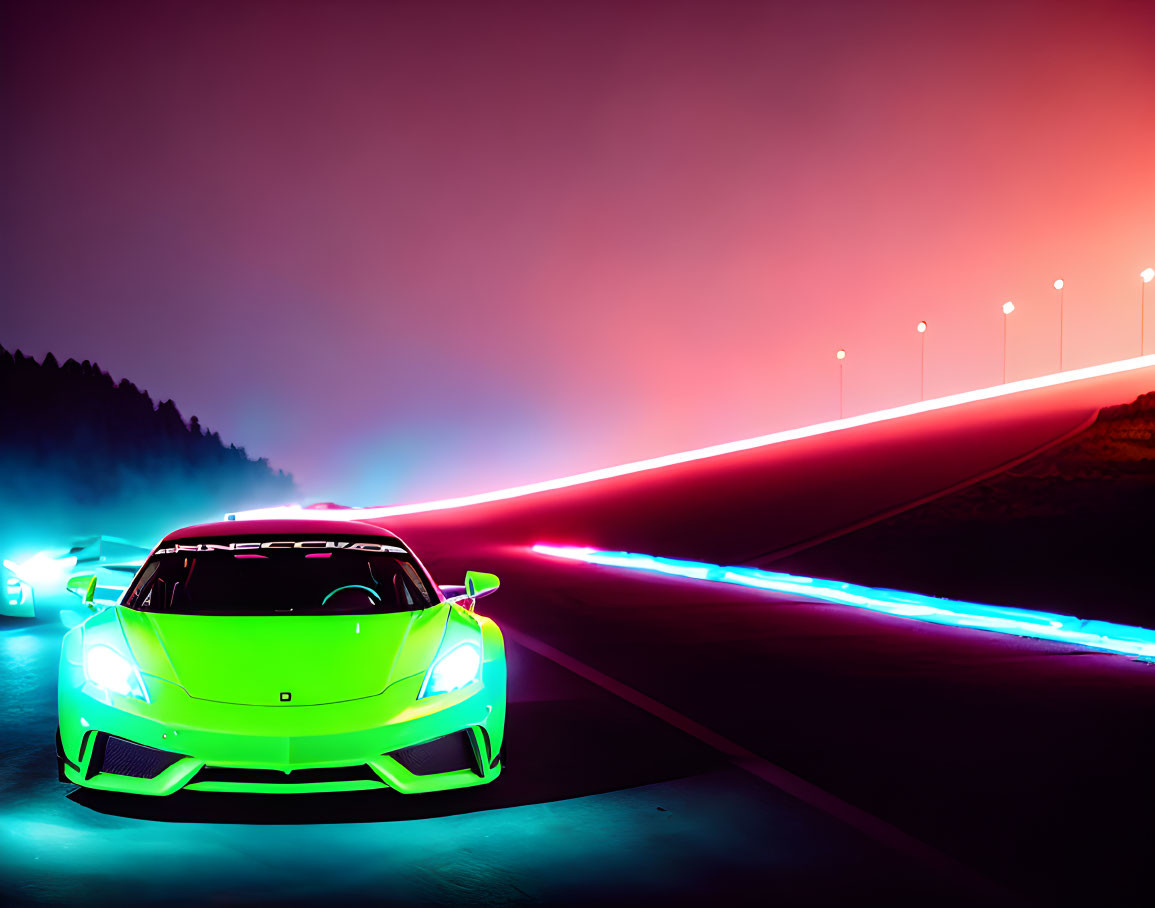 Vibrant neon green sports car under pink and blue-lit sky