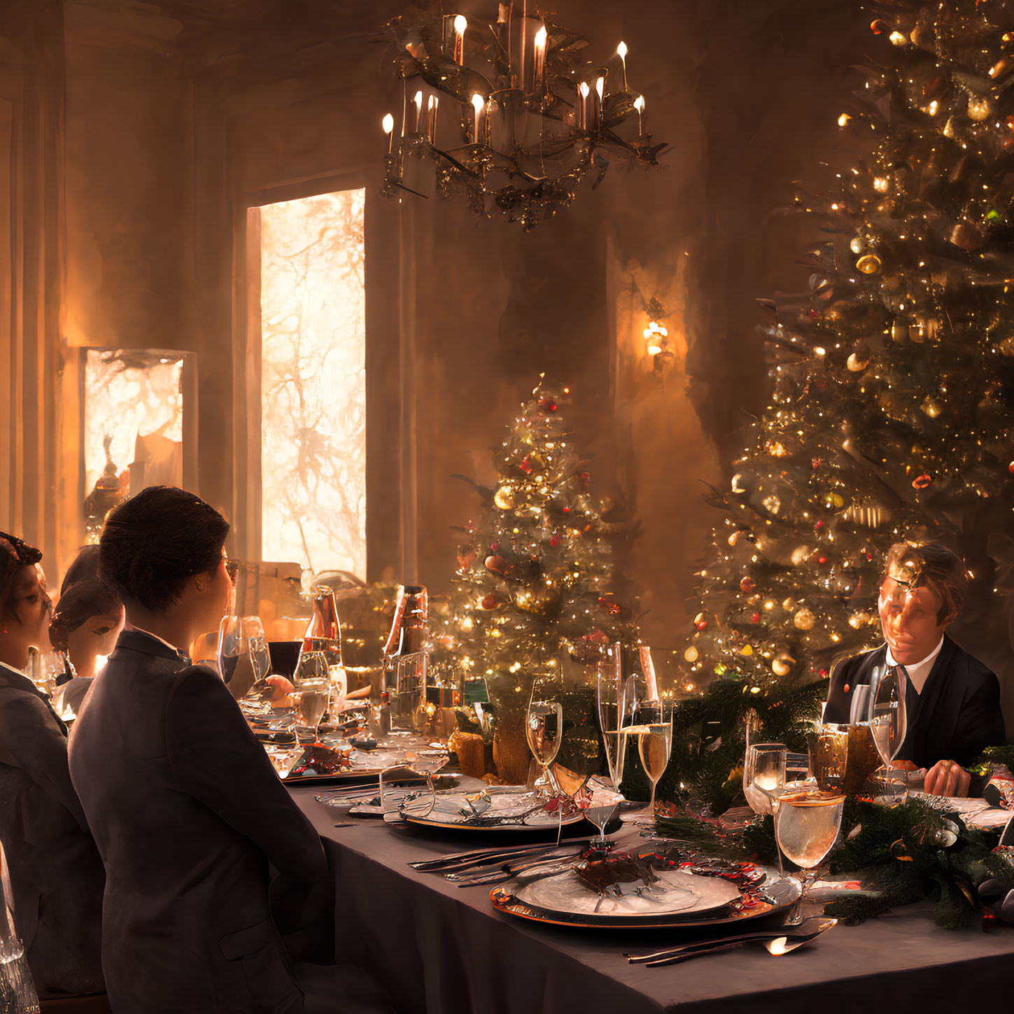 Festive Christmas dinner table with elegant decor and warm lighting