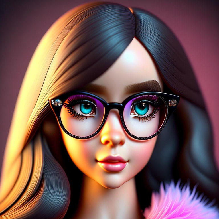 Digital portrait of a girl with expressive green eyes and ornate black glasses, showcasing glossy hair